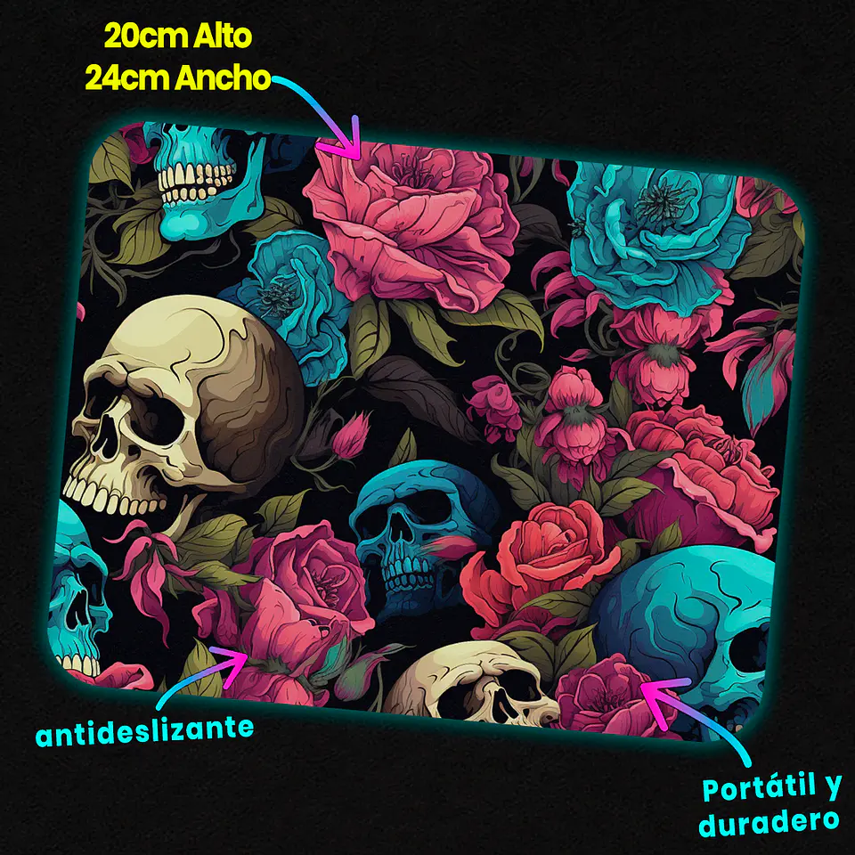 Mousepad 20x24 cm - Diseño Calaveras con Rosas Turquesa y Rosadas 3
