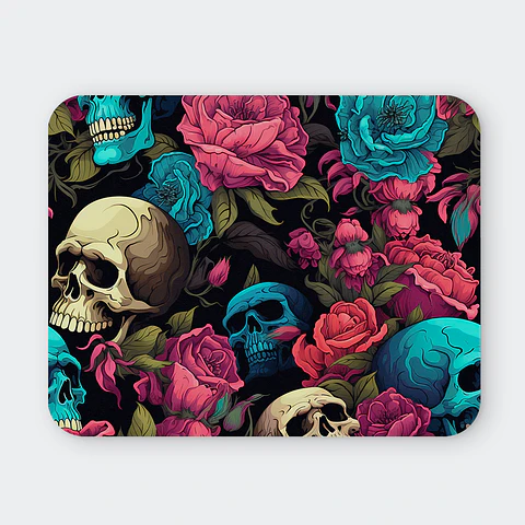 Mousepad 20x24 cm - Diseño Calaveras con Rosas Turquesa y Rosadas