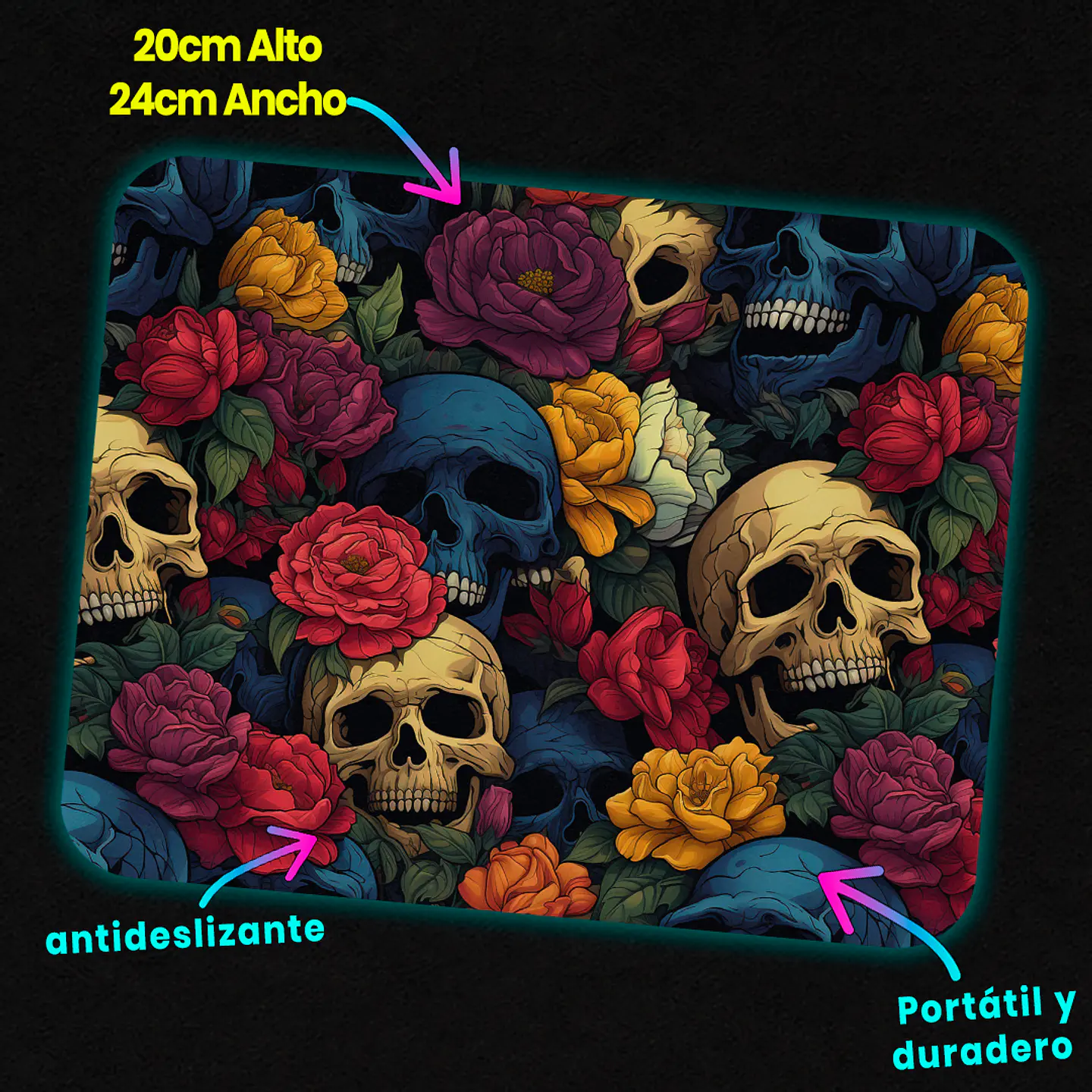 Mousepad 20x24 cm - Diseño Calaveras con Rosas Rojas y Amarillas 3