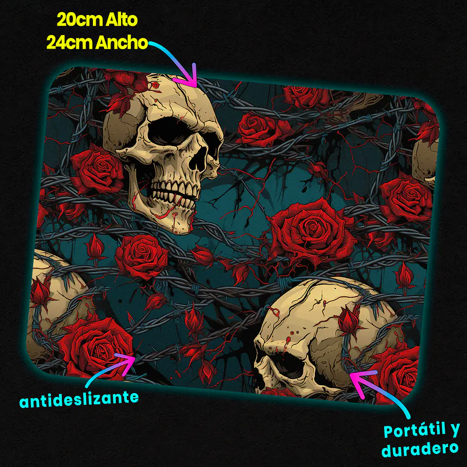 Mousepad 20x24 cm - Diseño Calaveras con Rosas Rojas y Espinas 3