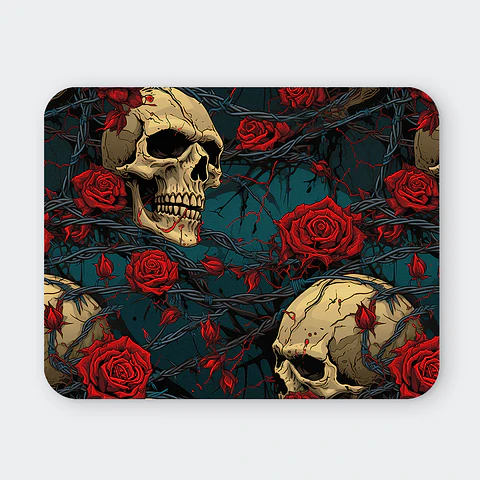 Mousepad 20x24 cm - Diseño Calaveras con Rosas Rojas y Espinas