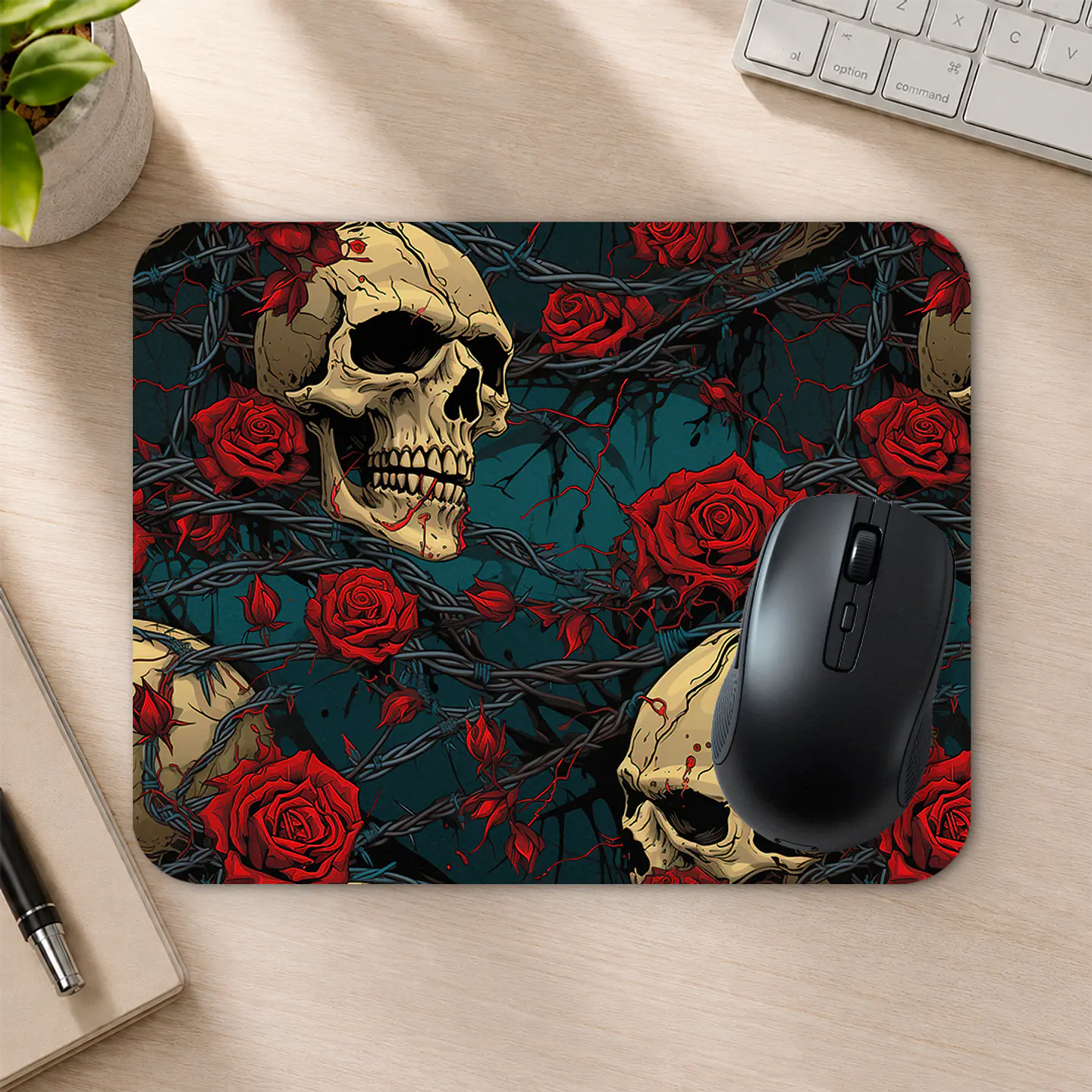 Mousepad 20x24 cm - Diseño Calaveras con Rosas Rojas y Espinas 2