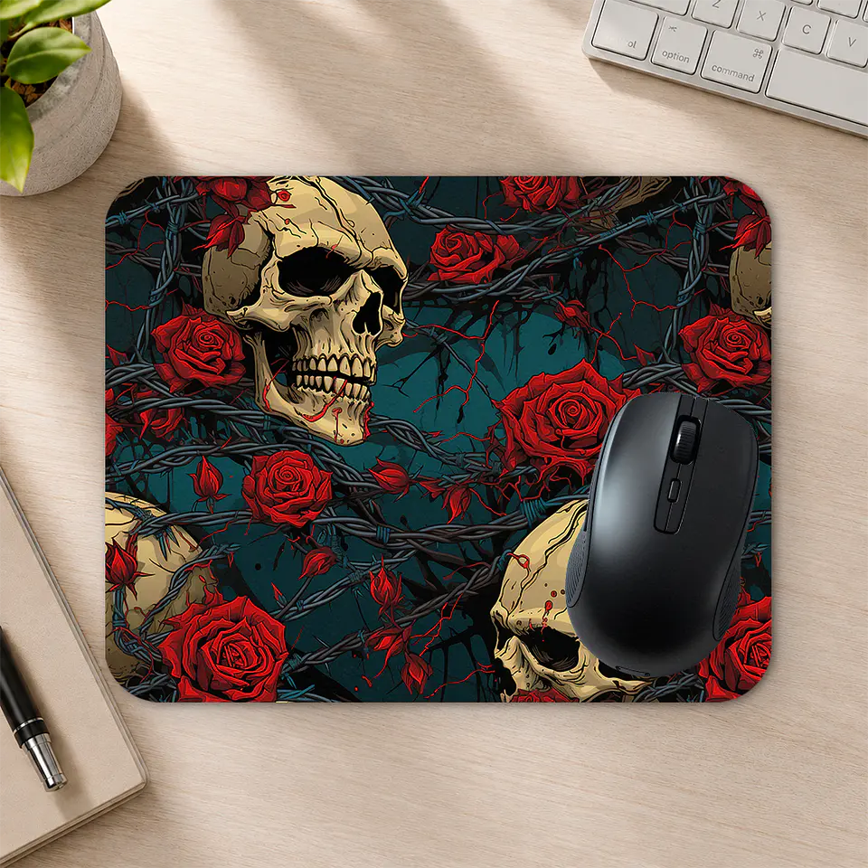 Mousepad 20x24 cm - Diseño Calaveras con Rosas Rojas y Espinas 2
