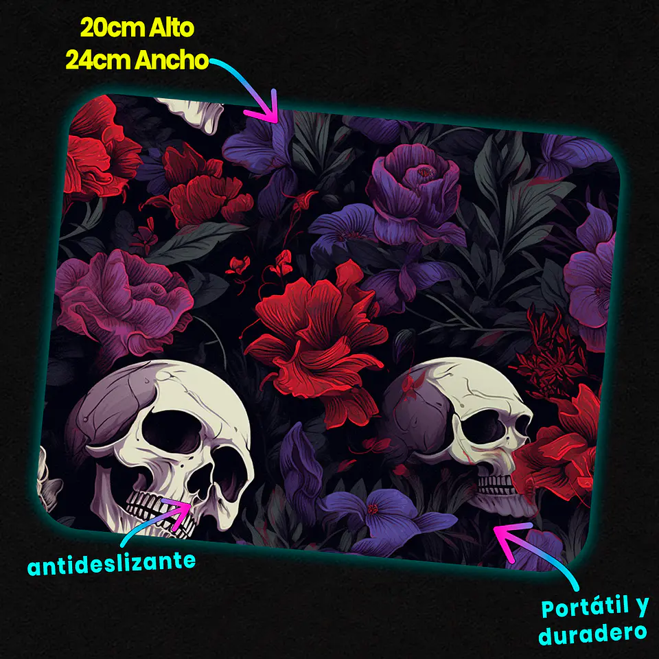 Mousepad 20x24 cm - Diseño Calaveras con Flores Rojas y Moradas 3