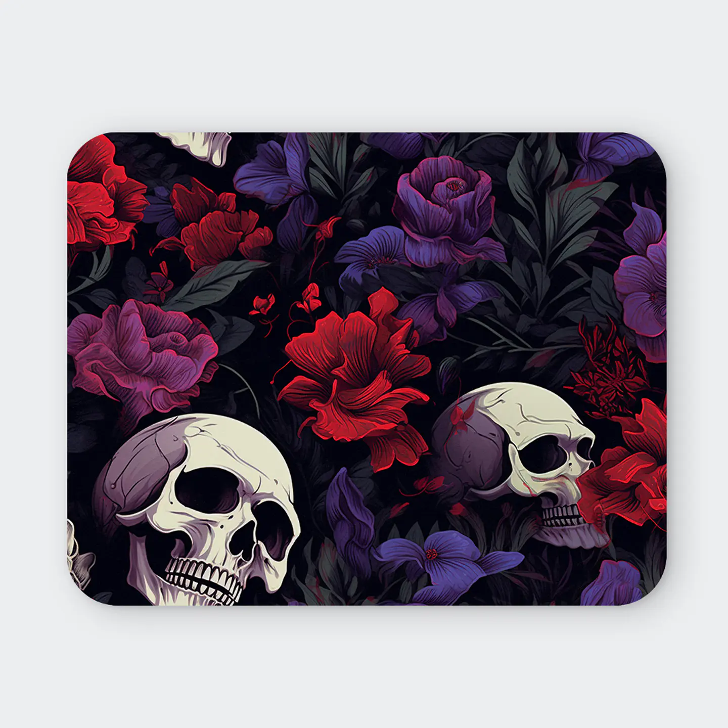 Mousepad 20x24 cm - Diseño Calaveras con Flores Rojas y Moradas 1