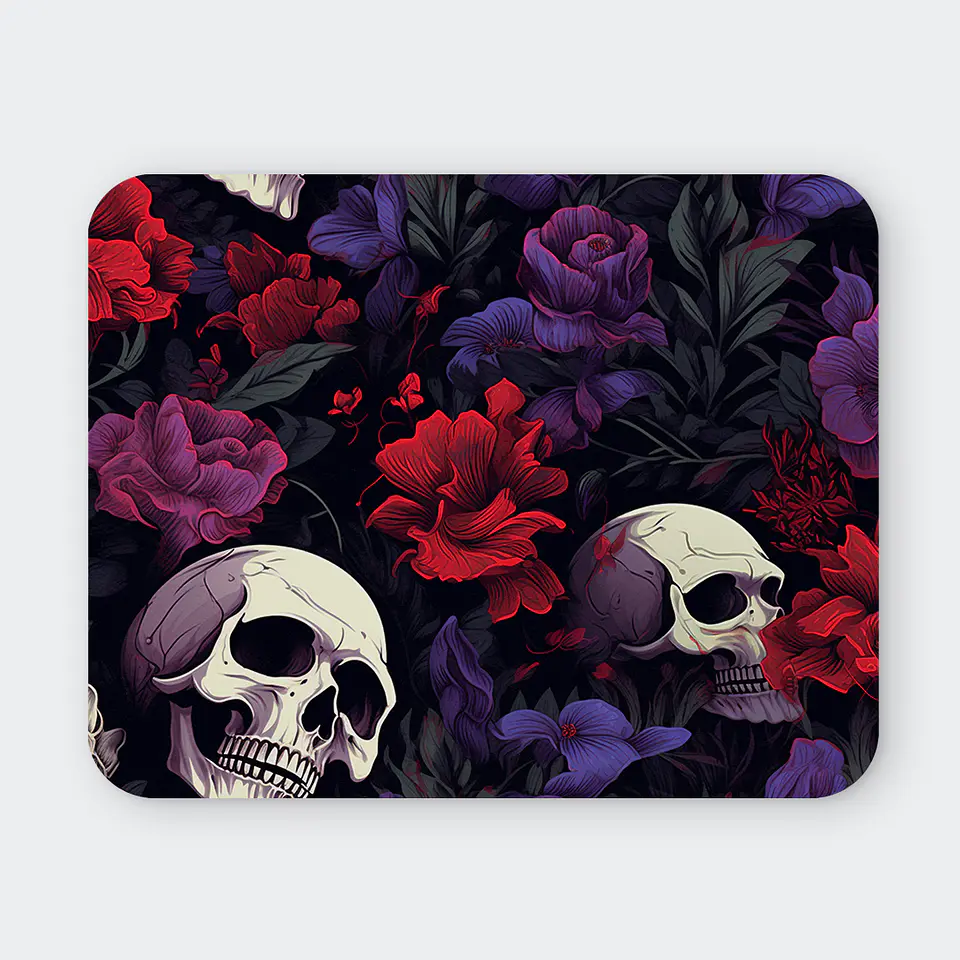 Mousepad 20x24 cm - Diseño Calaveras con Flores Rojas y Moradas 1