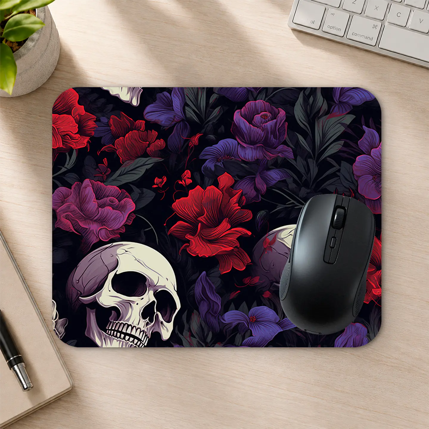 Mousepad 20x24 cm - Diseño Calaveras con Flores Rojas y Moradas 2