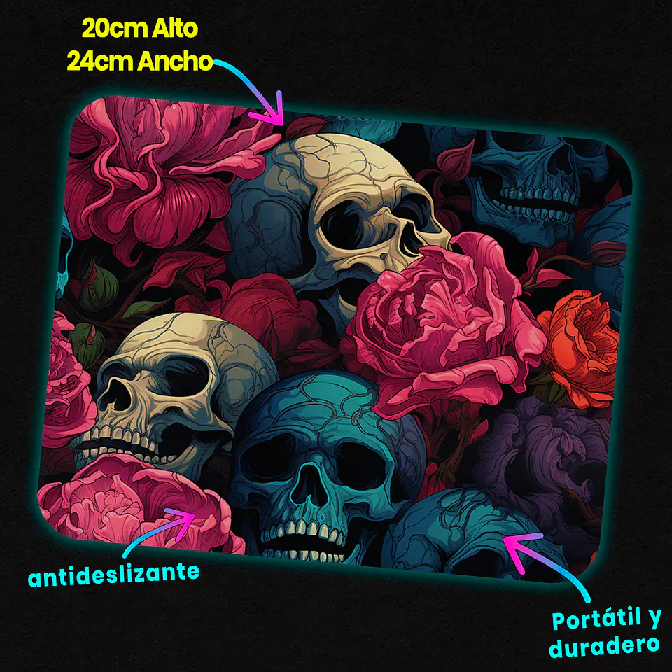 Mousepad 20x24 cm - Diseño Calaveras con Rosas Rosadas y Turquesa 3