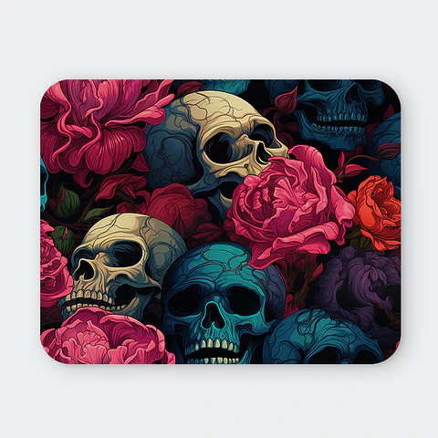Mousepad 20x24 cm - Diseño Calaveras con Rosas Rosadas y Turquesa