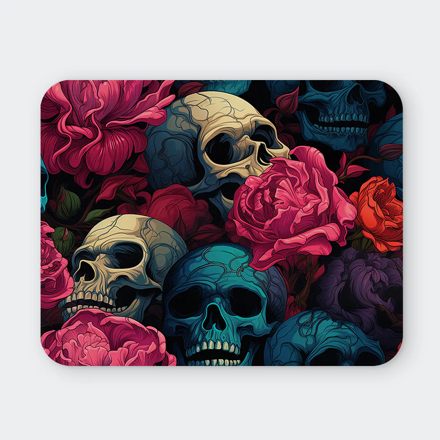 Mousepad 20x24 cm - Diseño Calaveras con Rosas Rosadas y Turquesa 1