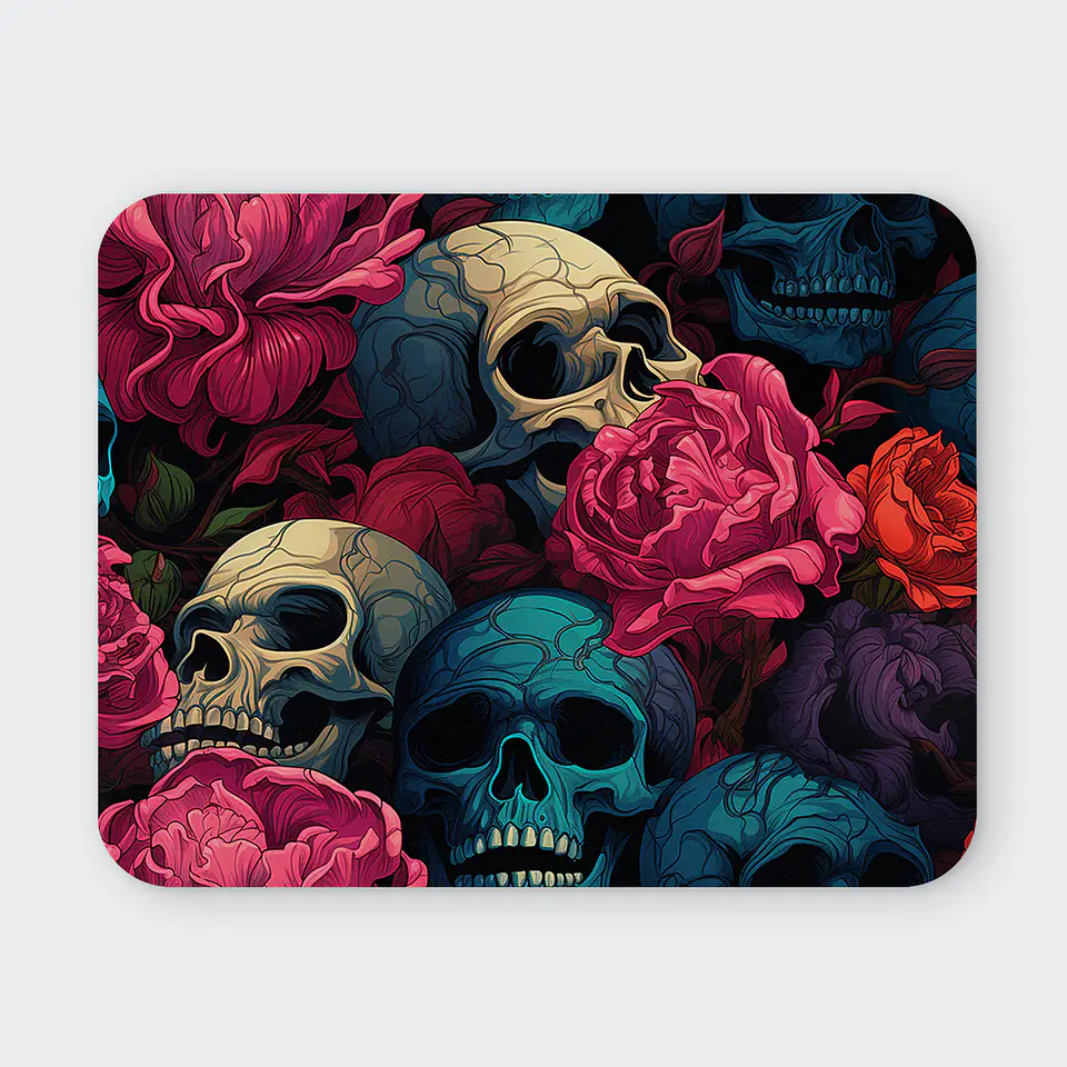 Mousepad 20x24 cm - Diseño Calaveras con Rosas Rosadas y Turquesa 1