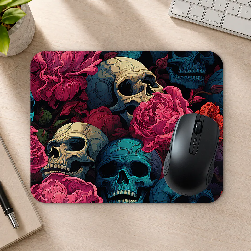 Mousepad 20x24 cm - Diseño Calaveras con Rosas Rosadas y Turquesa 2