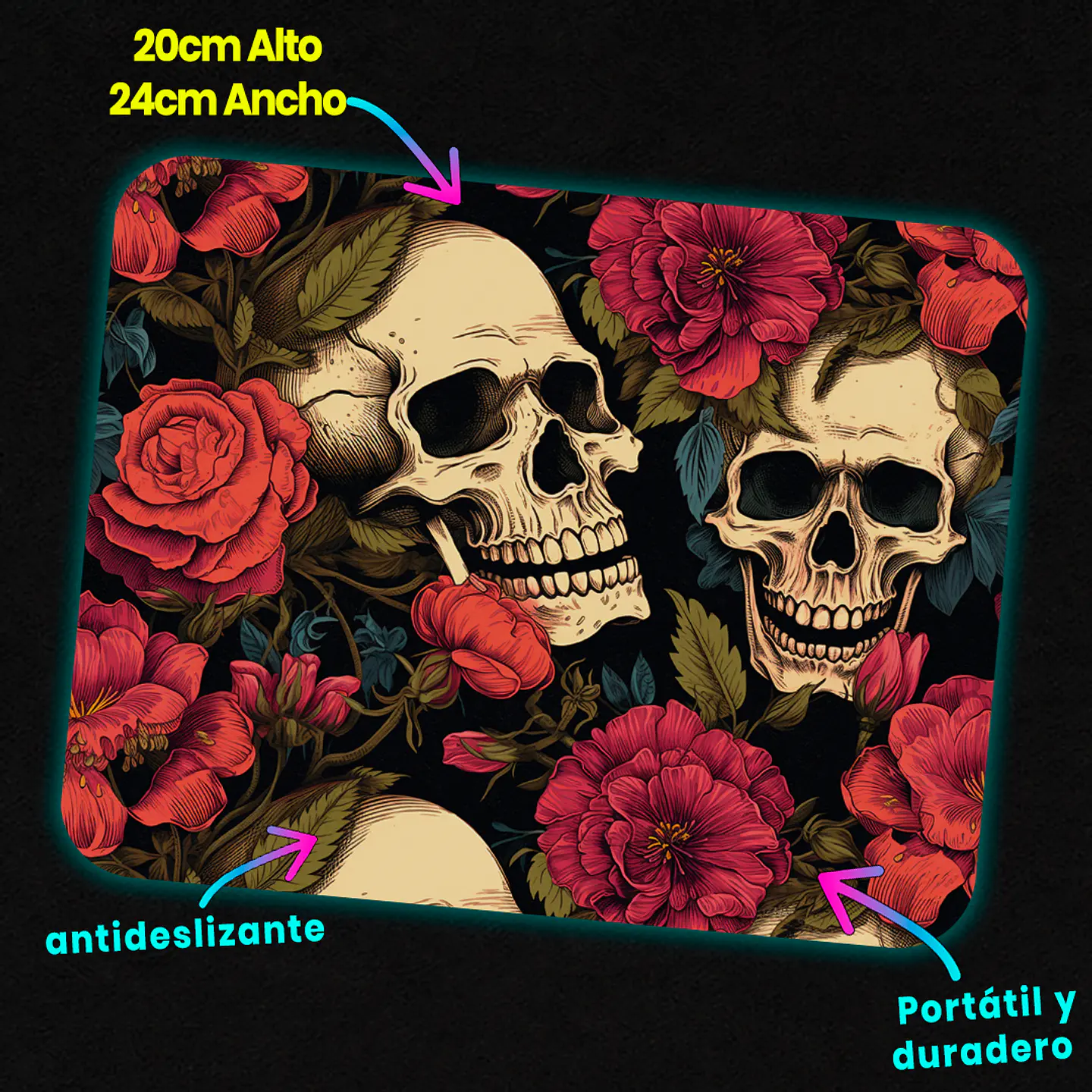 Mousepad 20x24 cm - Diseño Calaveras con Rosas Rojas Vintage 3