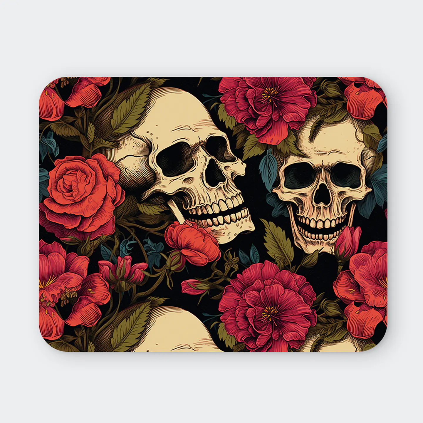 Mousepad 20x24 cm - Diseño Calaveras con Rosas Rojas Vintage 1