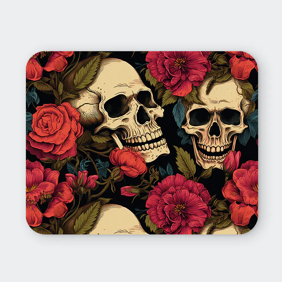 Mousepad 20x24 cm - Diseño Calaveras con Rosas Rojas Vintage 1