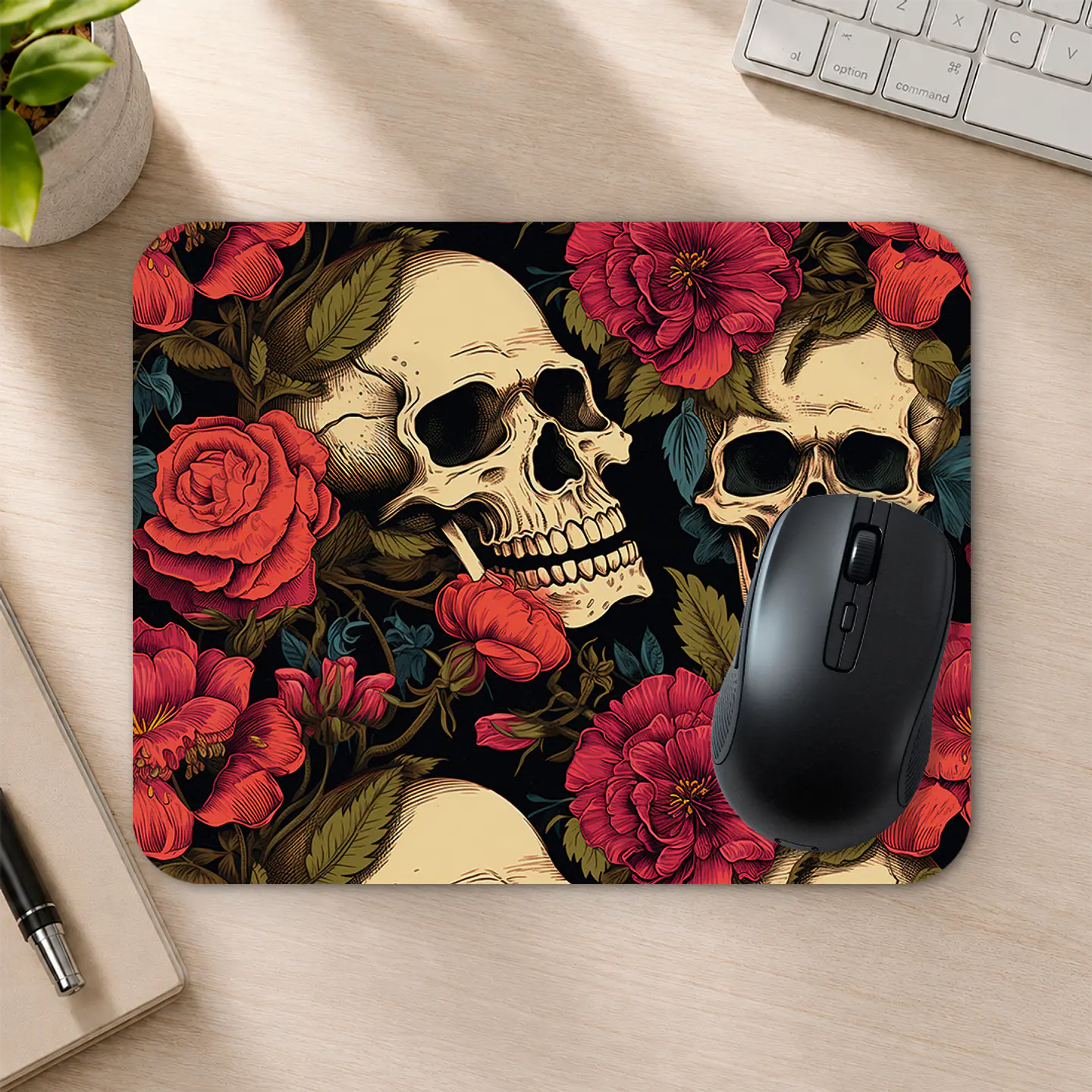 Mousepad 20x24 cm - Diseño Calaveras con Rosas Rojas Vintage 2