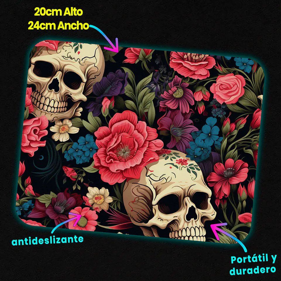 Mousepad 20x24 cm - Diseño Calaveras con Flores Rosadas y Azules 3