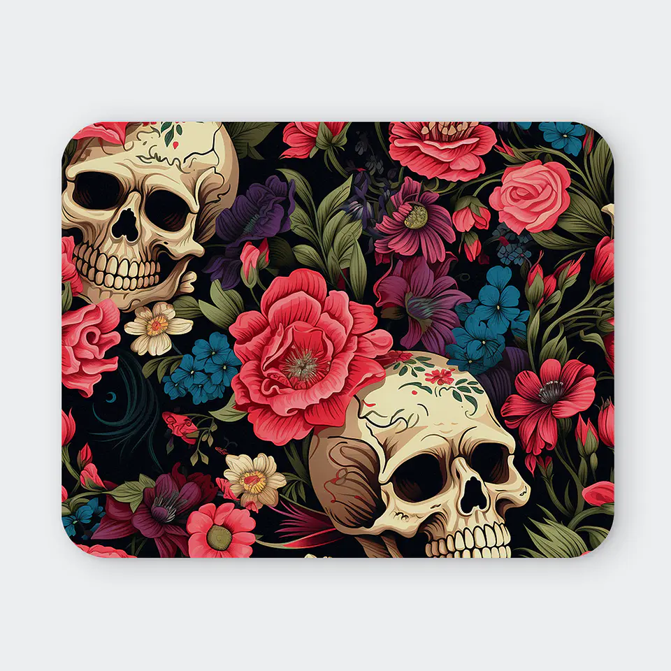 Mousepad 20x24 cm - Diseño Calaveras con Flores Rosadas y Azules 1