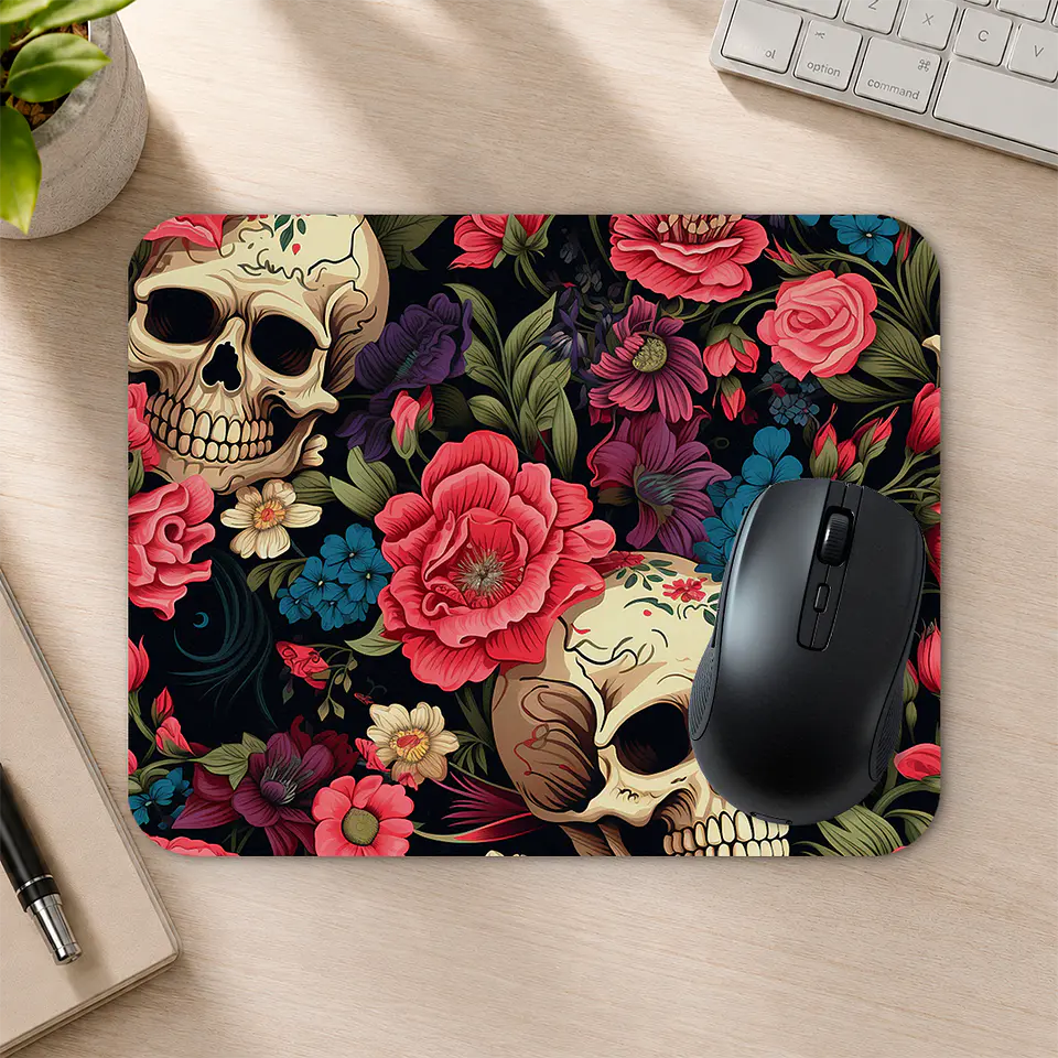 Mousepad 20x24 cm - Diseño Calaveras con Flores Rosadas y Azules 2