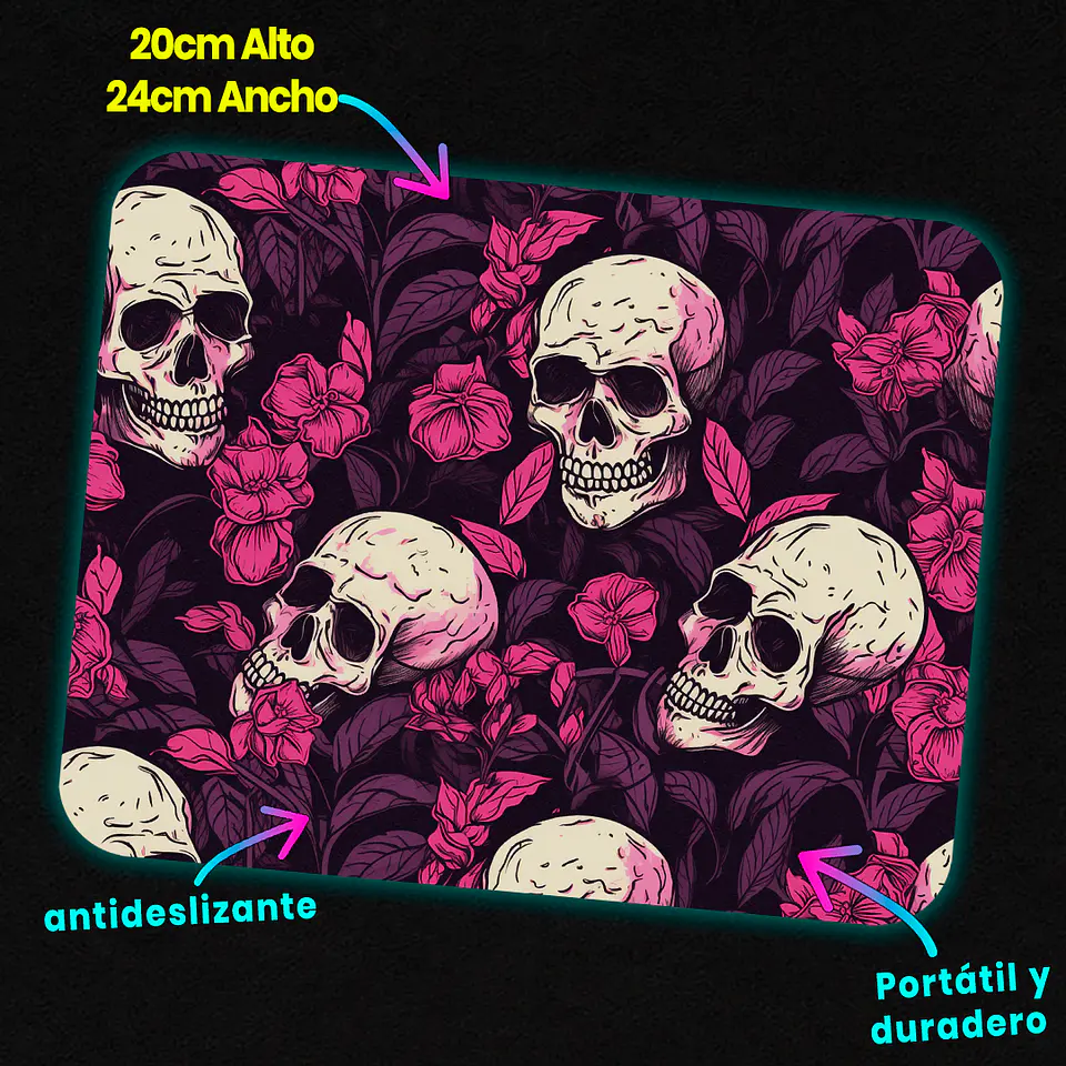 Mousepad 20x24 cm - Diseño Calaveras con Flores Fucsias 3