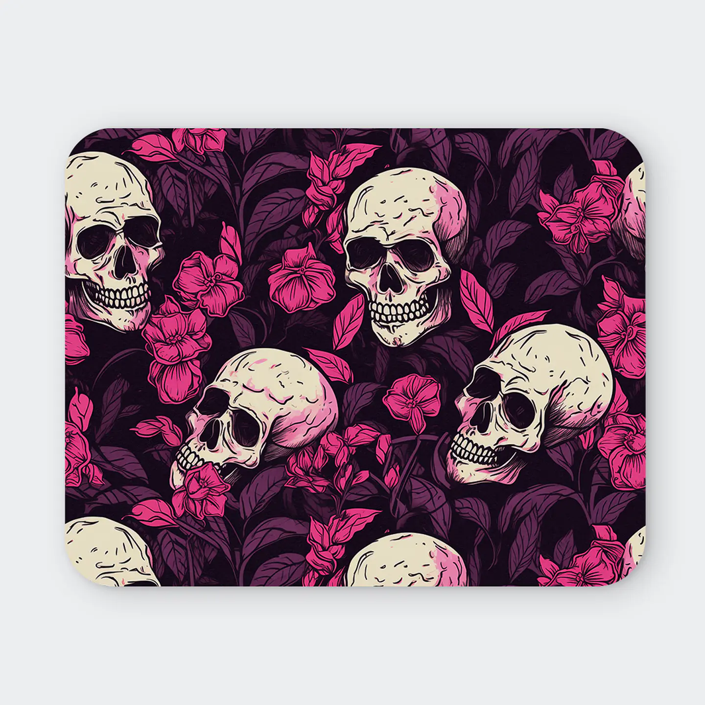 Mousepad 20x24 cm - Diseño Calaveras con Flores Fucsias 1