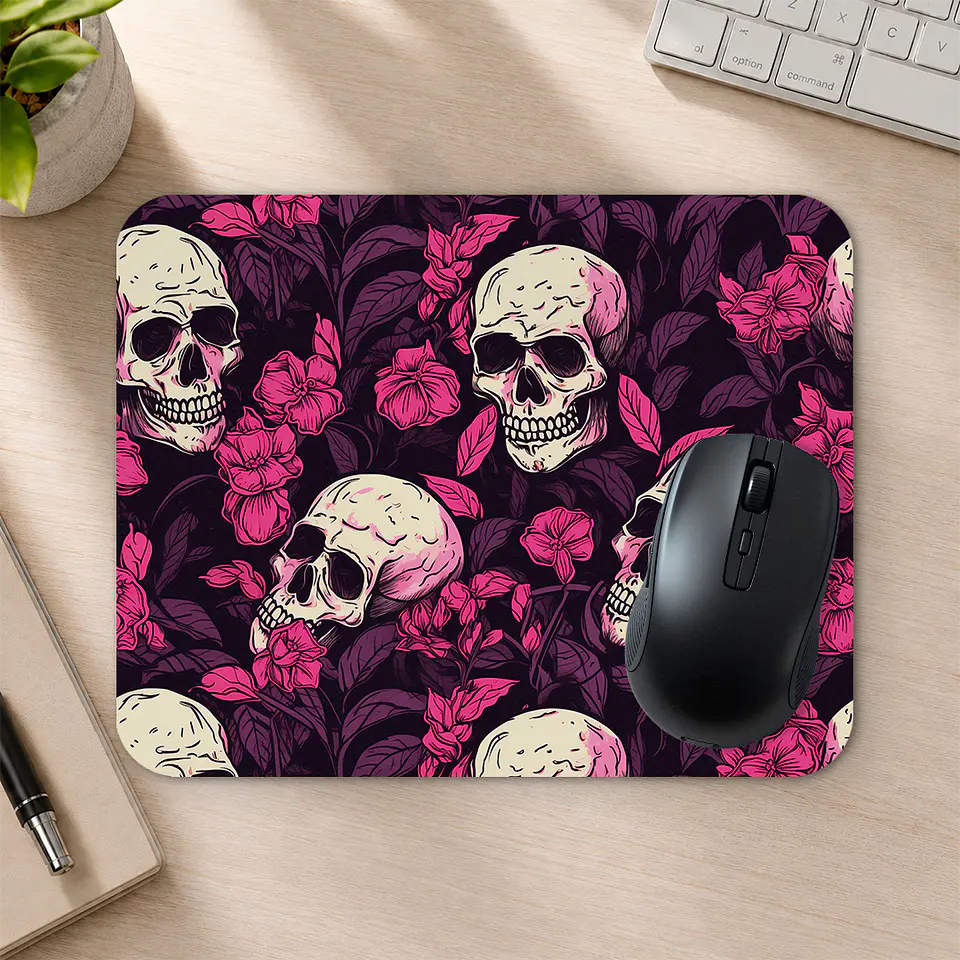 Mousepad 20x24 cm - Diseño Calaveras con Flores Fucsias 2