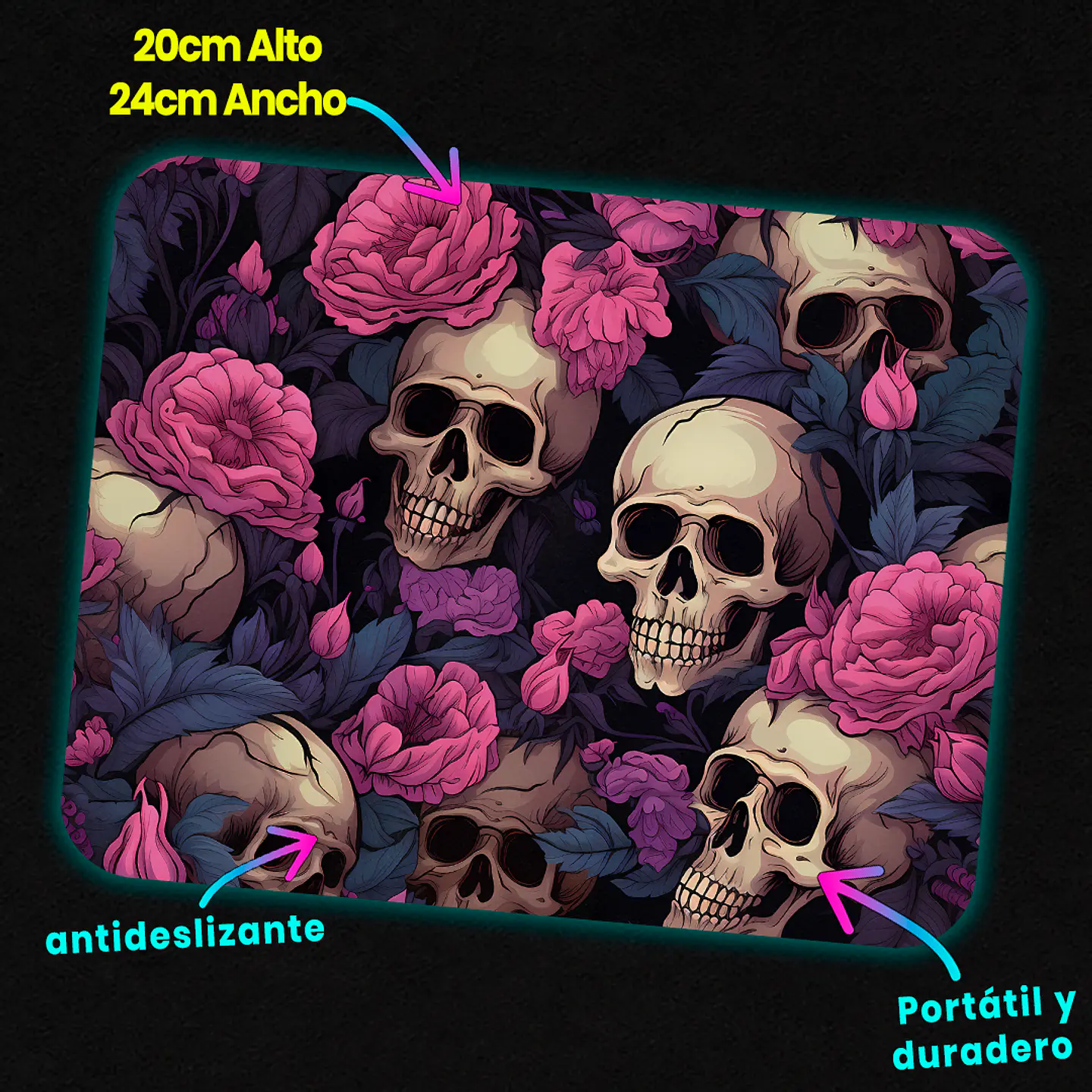 Mousepad 20x24 cm - Diseño Calaveras con Rosas Rosadas y Hojas Azules 3
