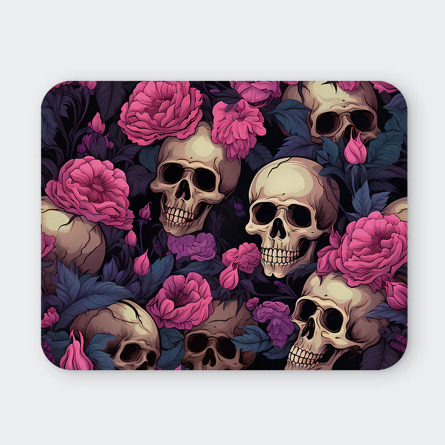 Mousepad 20x24 cm - Diseño Calaveras con Rosas Rosadas y Hojas Azules 1