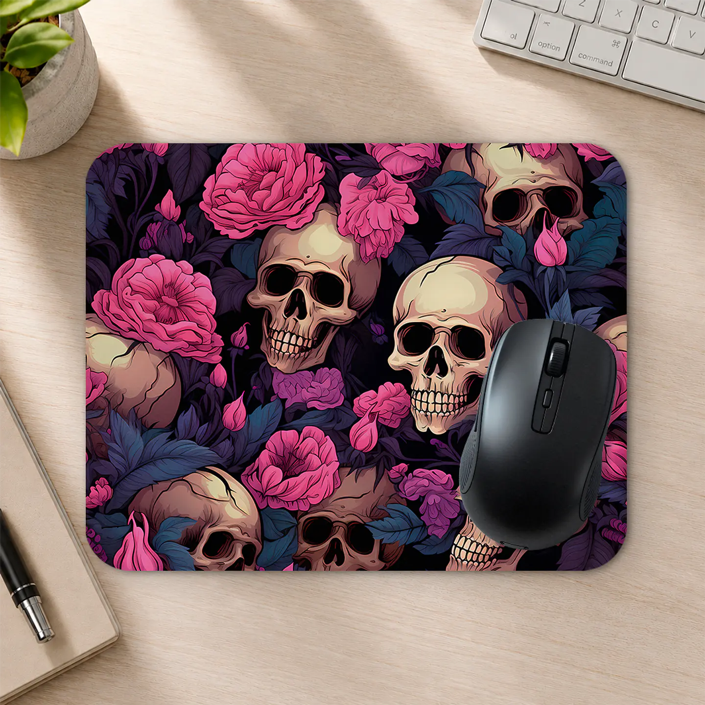 Mousepad 20x24 cm - Diseño Calaveras con Rosas Rosadas y Hojas Azules 2