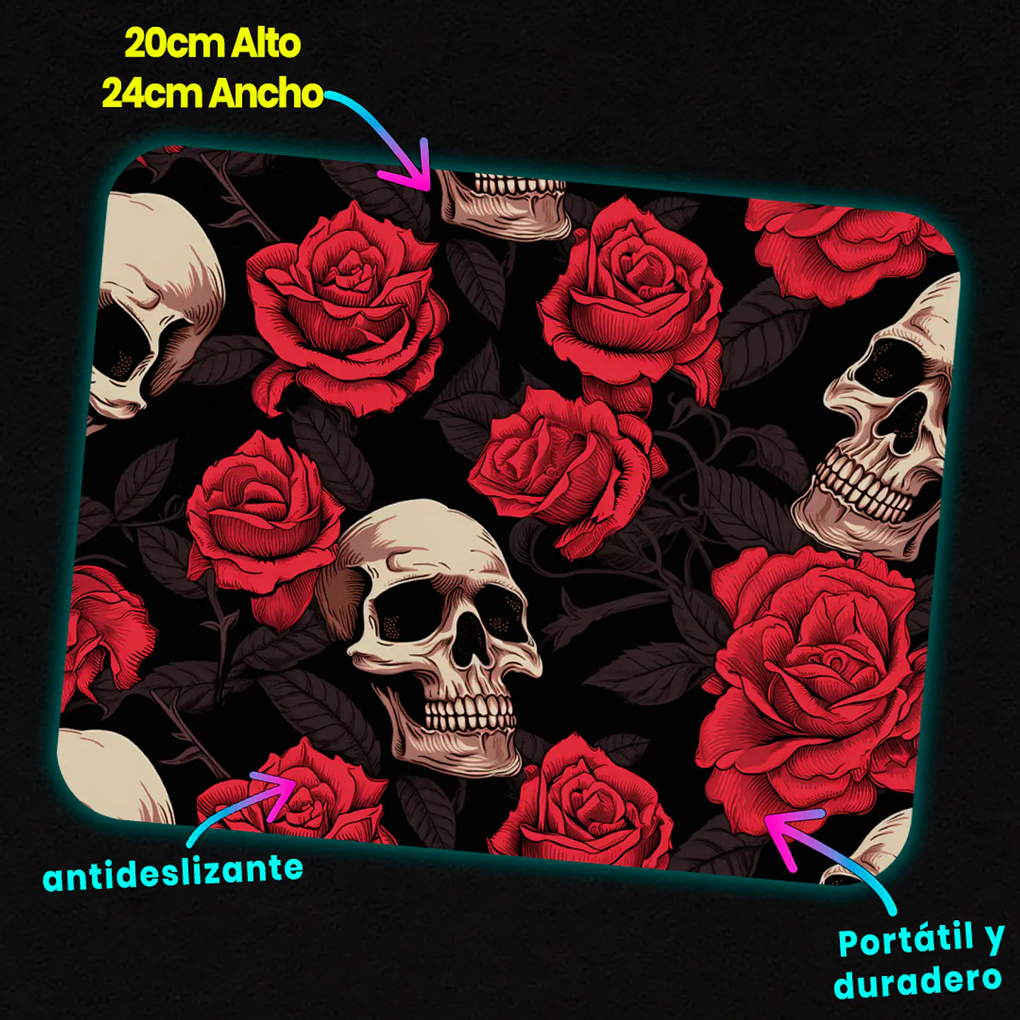 Mousepad 20x24 cm - Diseño Calaveras con Rosas Rojas 3