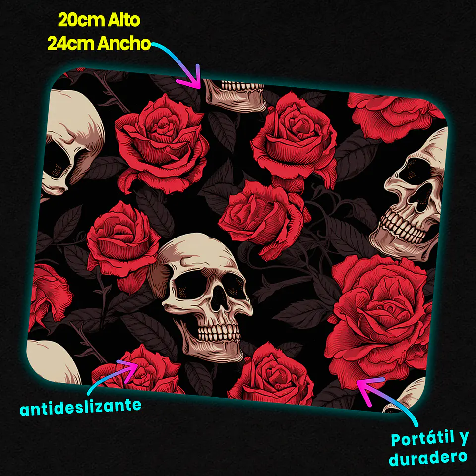 Mousepad 20x24 cm - Diseño Calaveras con Rosas Rojas 3