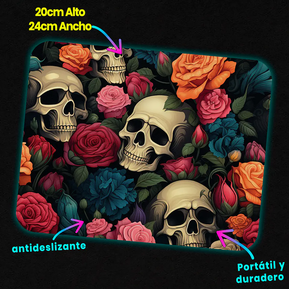 Mousepad 20x24 cm - Diseño Calaveras con Rosas Multicolor 3