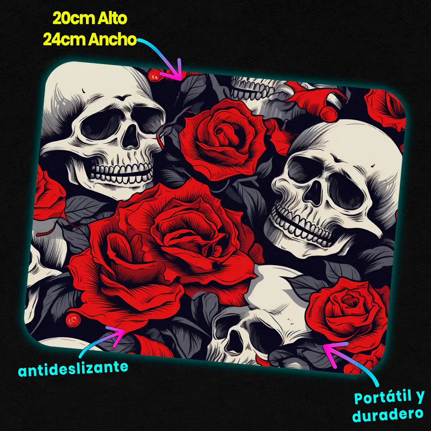 Mousepad 20x24 cm - Diseño Calaveras con Rosas Rojas Clásicas 3