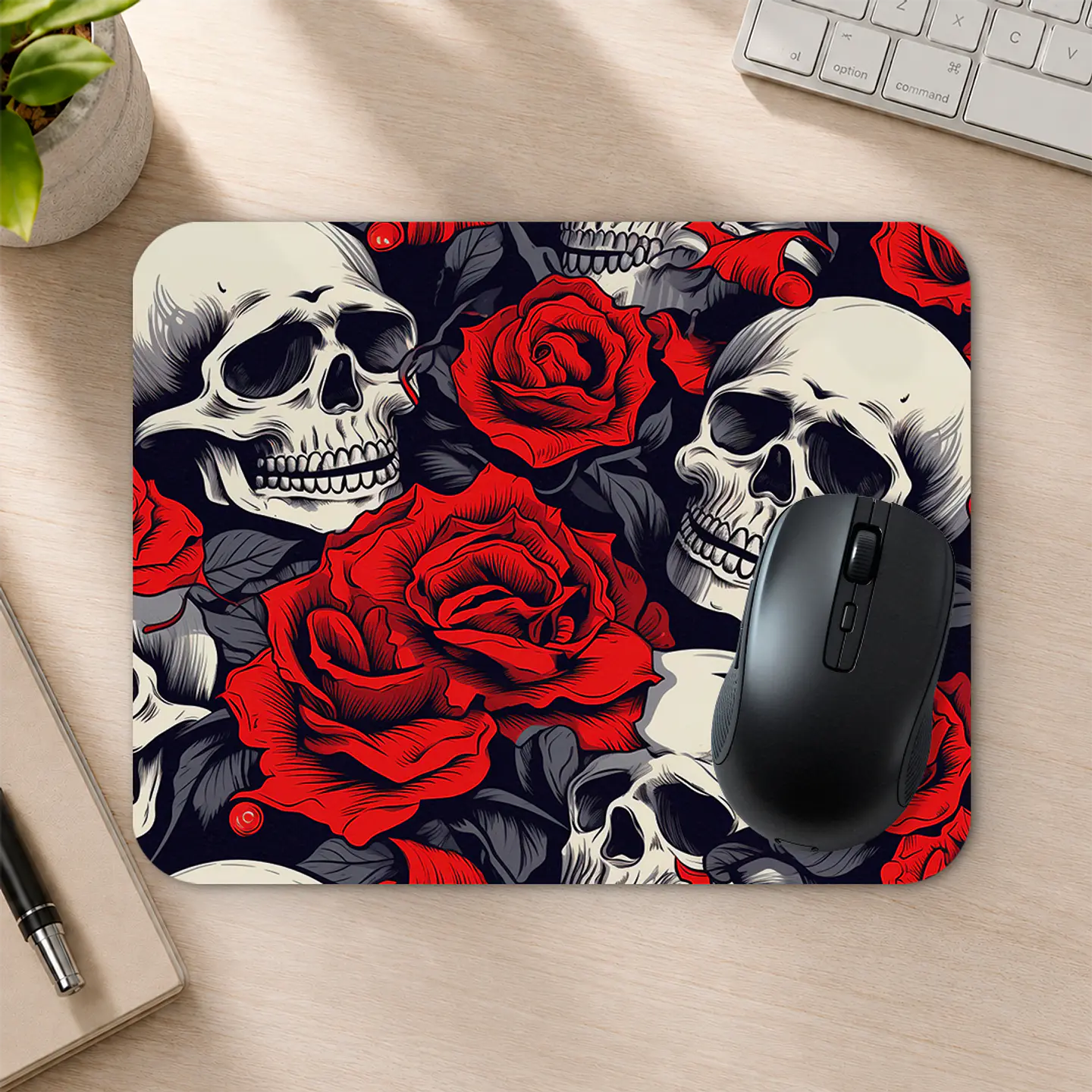 Mousepad 20x24 cm - Diseño Calaveras con Rosas Rojas Clásicas 2