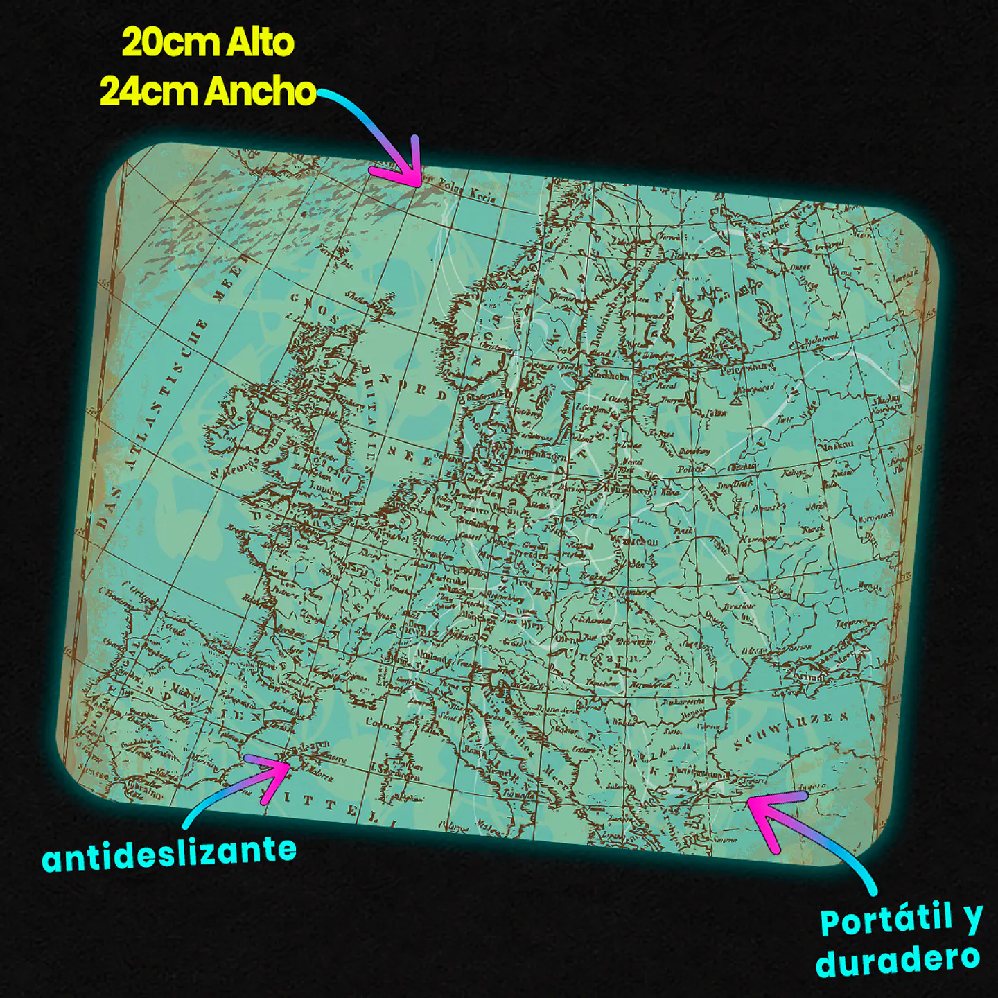 Mousepad 20x24 cm - Diseño Mapa Antiguo Europa Turquesa 3