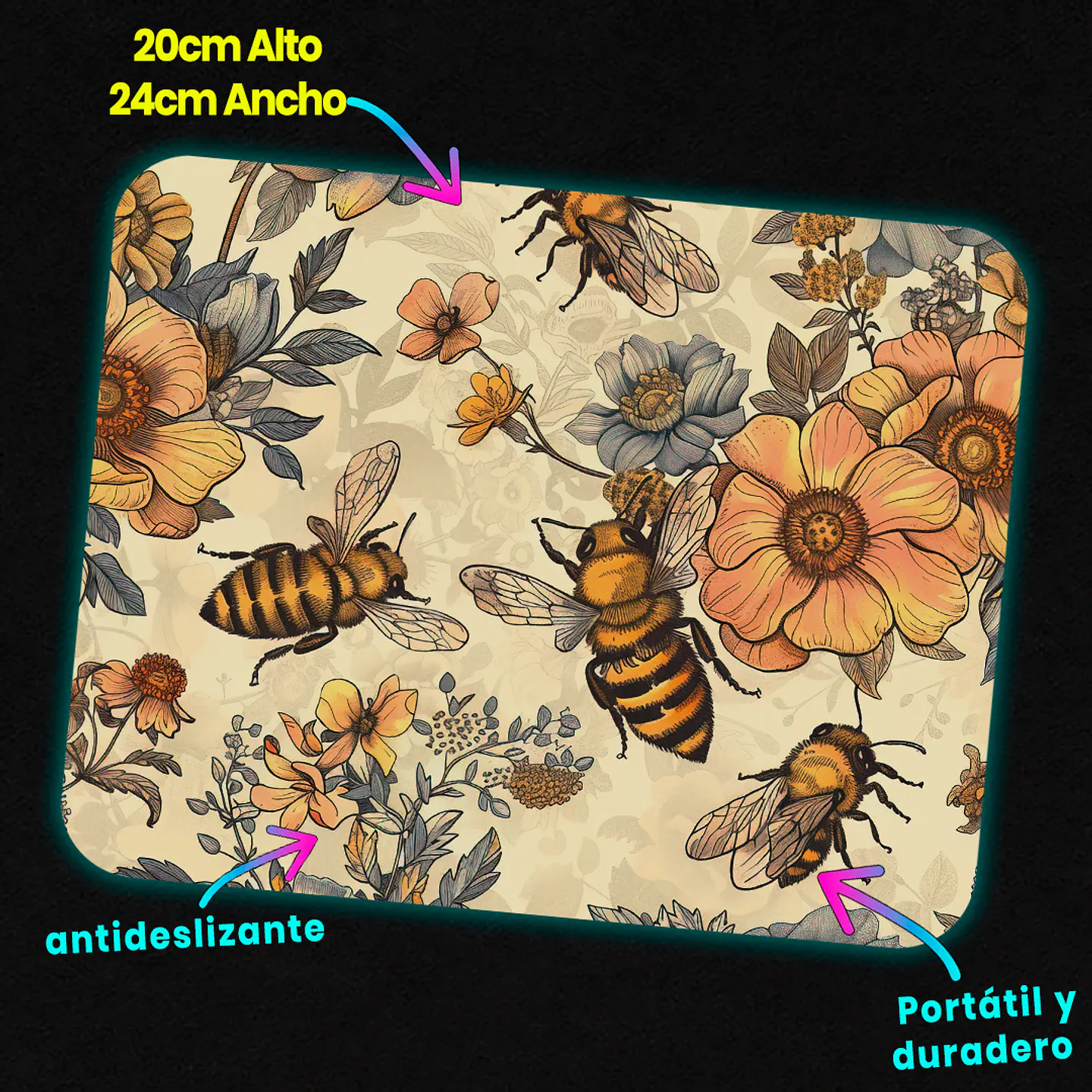 Mousepad 20x24 cm - Diseño Abejas con Flores Vintage 3