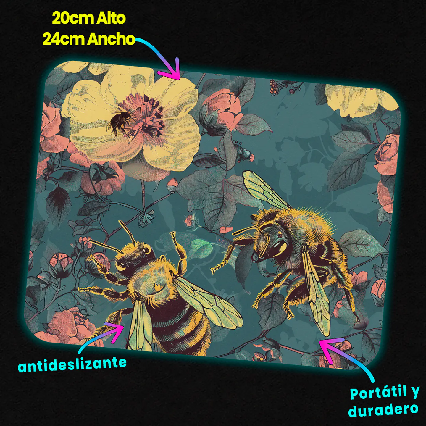 Mousepad 20x24 cm - Diseño Abejas con Flores Turquesa 3