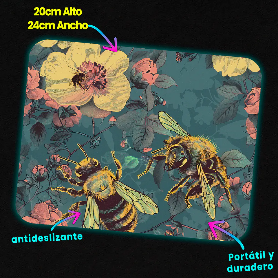 Mousepad 20x24 cm - Diseño Abejas con Flores Turquesa 3