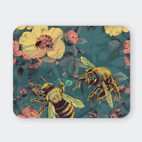Mousepad 20x24 cm - Diseño Abejas con Flores Turquesa