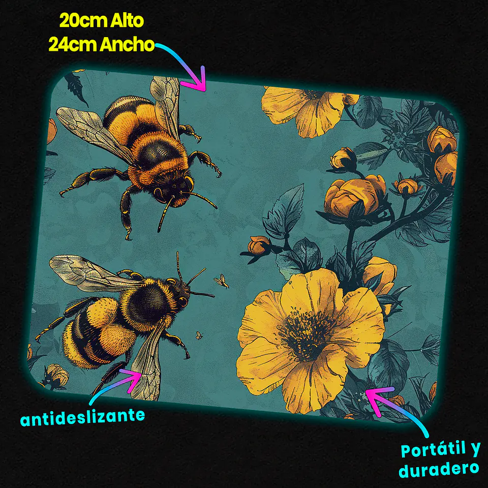 Mousepad 20x24 cm - Diseño Abejas con Flores Amarillas 3