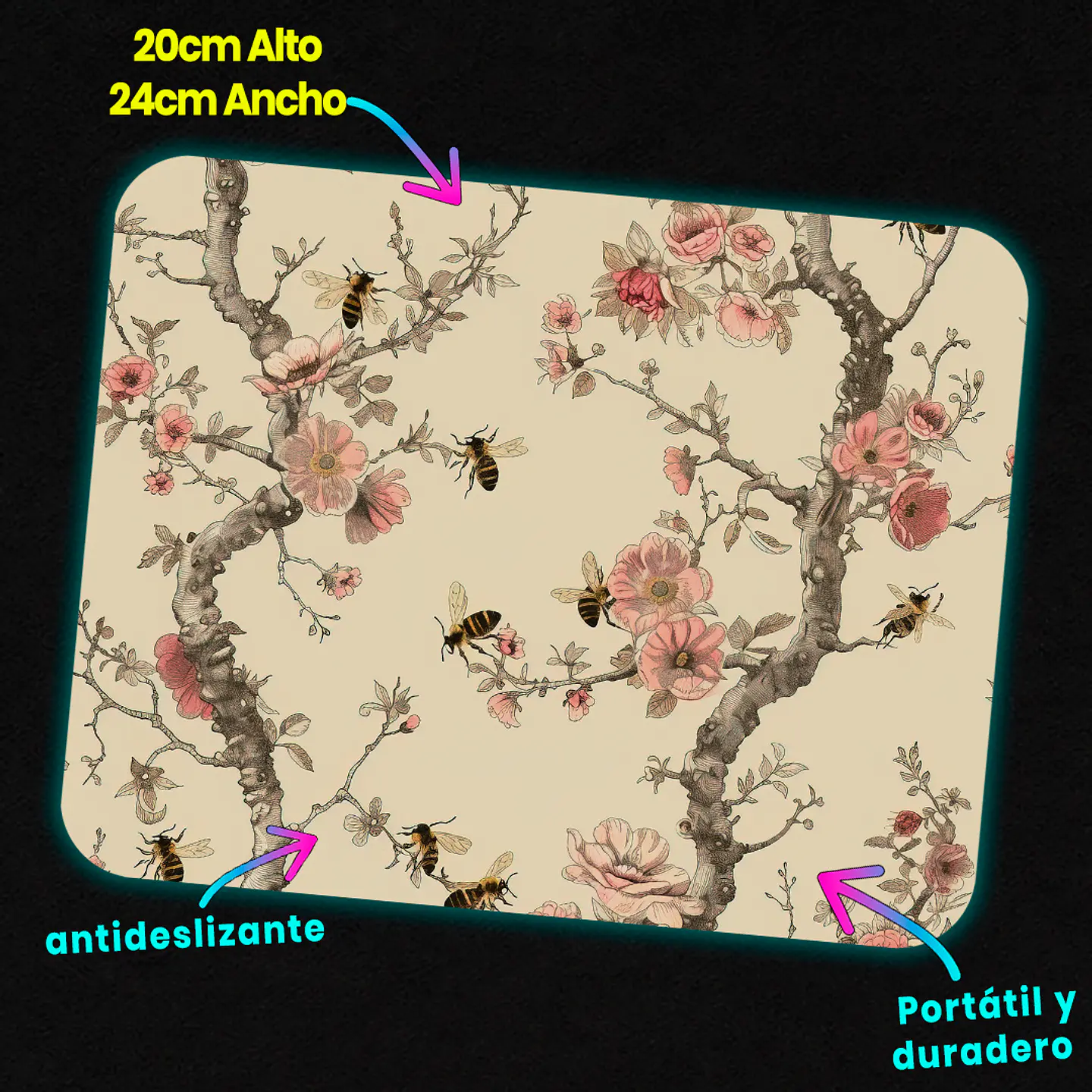 Mousepad 20x24 cm - Diseño Abejas con Ramas y Flores Rosadas 3