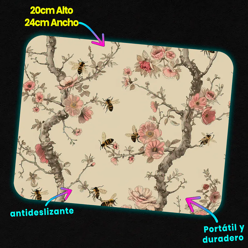 Mousepad 20x24 cm - Diseño Abejas con Ramas y Flores Rosadas 3