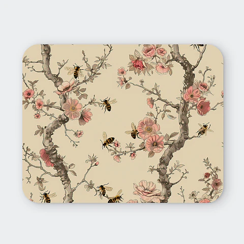 Mousepad 20x24 cm - Diseño Abejas con Ramas y Flores Rosadas