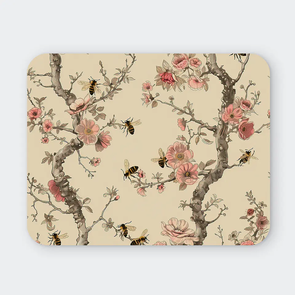 Mousepad 20x24 cm - Diseño Abejas con Ramas y Flores Rosadas 1