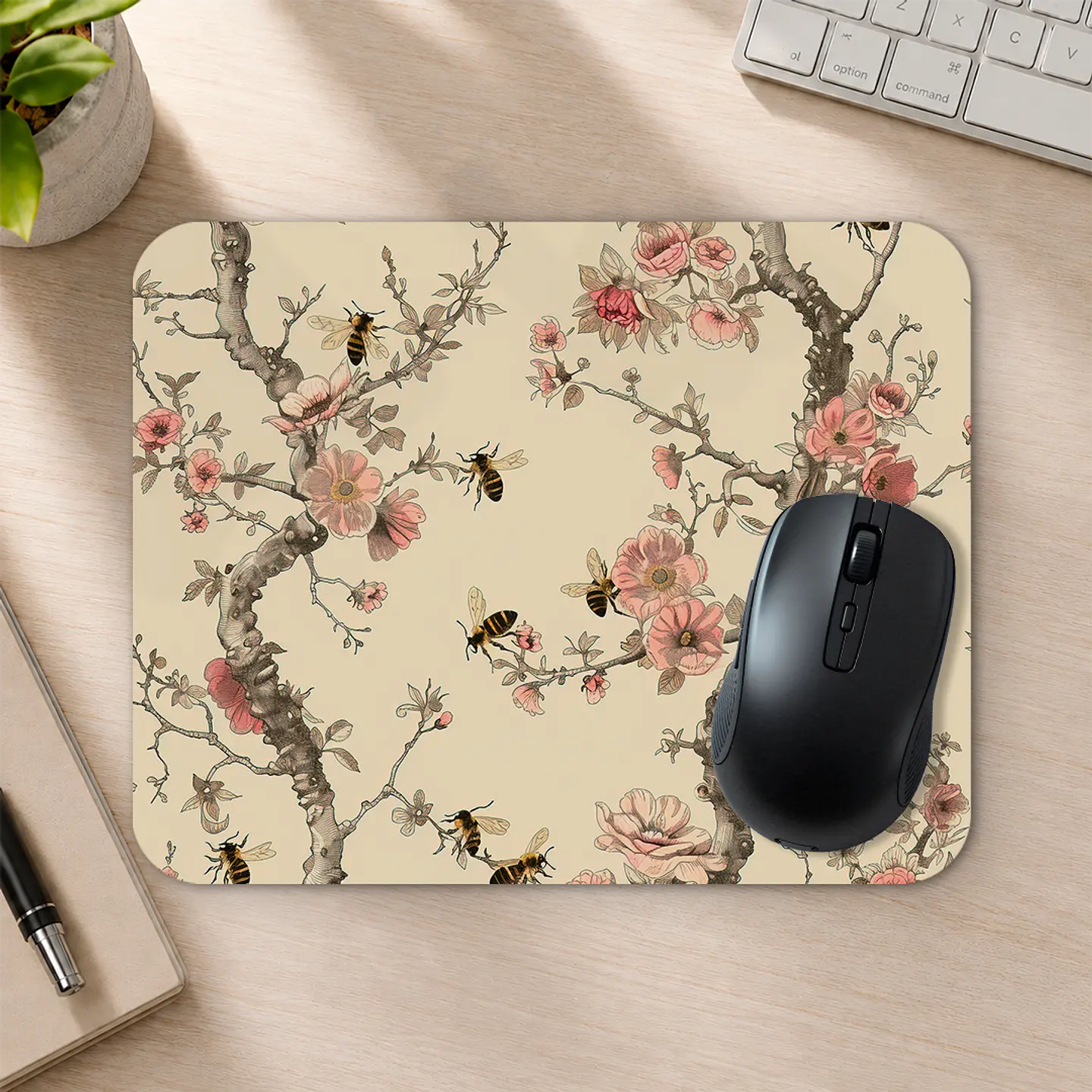 Mousepad 20x24 cm - Diseño Abejas con Ramas y Flores Rosadas 2