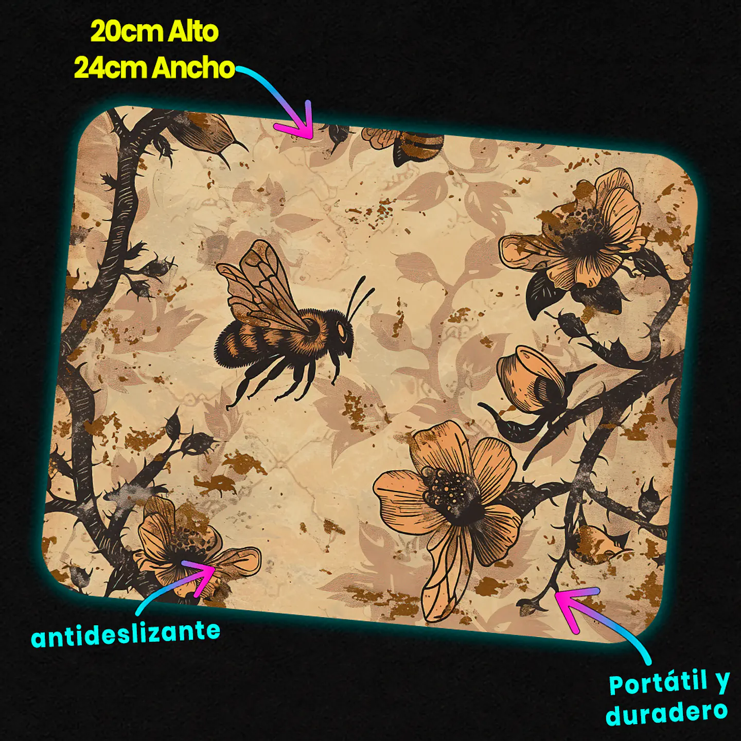 Mousepad 20x24 cm - Diseño Abeja con Flores Vintage Sepia 3