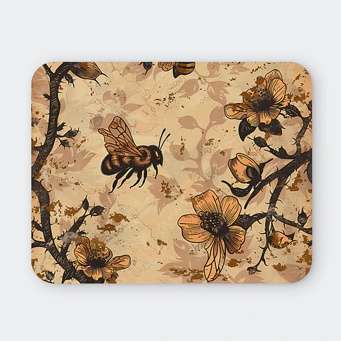 Mousepad 20x24 cm - Diseño Abeja con Flores Vintage Sepia