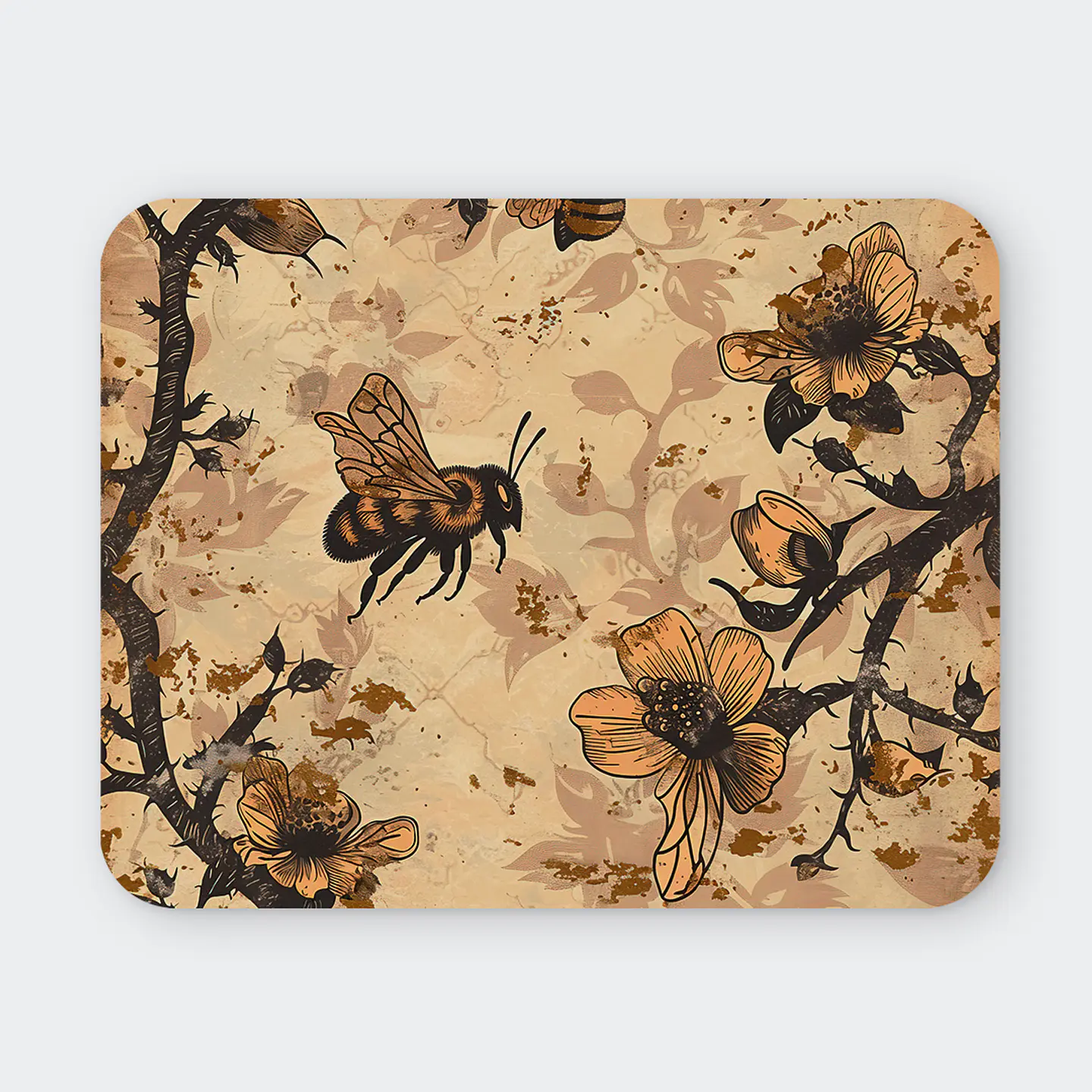 Mousepad 20x24 cm - Diseño Abeja con Flores Vintage Sepia 1