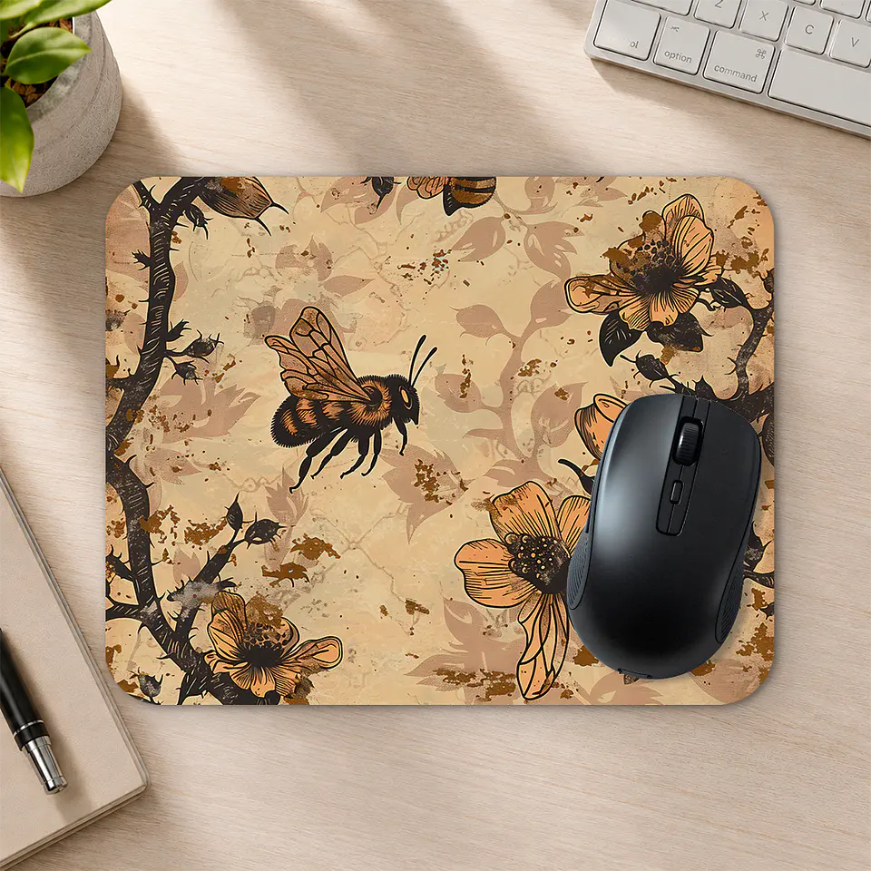 Mousepad 20x24 cm - Diseño Abeja con Flores Vintage Sepia 2