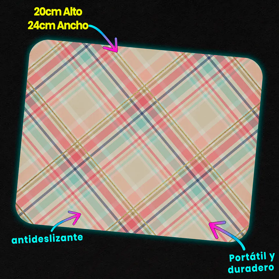 Mousepad 20x24 cm - Diseño Cuadrillé Pastel Rosa y Turquesa 3